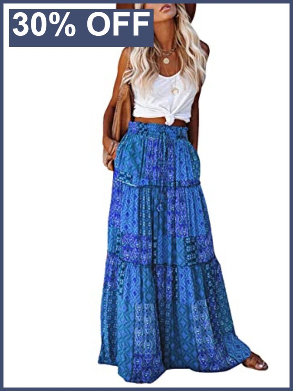 Womens Boho Maxi Skirt High Waist Tiered Flowy Long Skirt Pockets